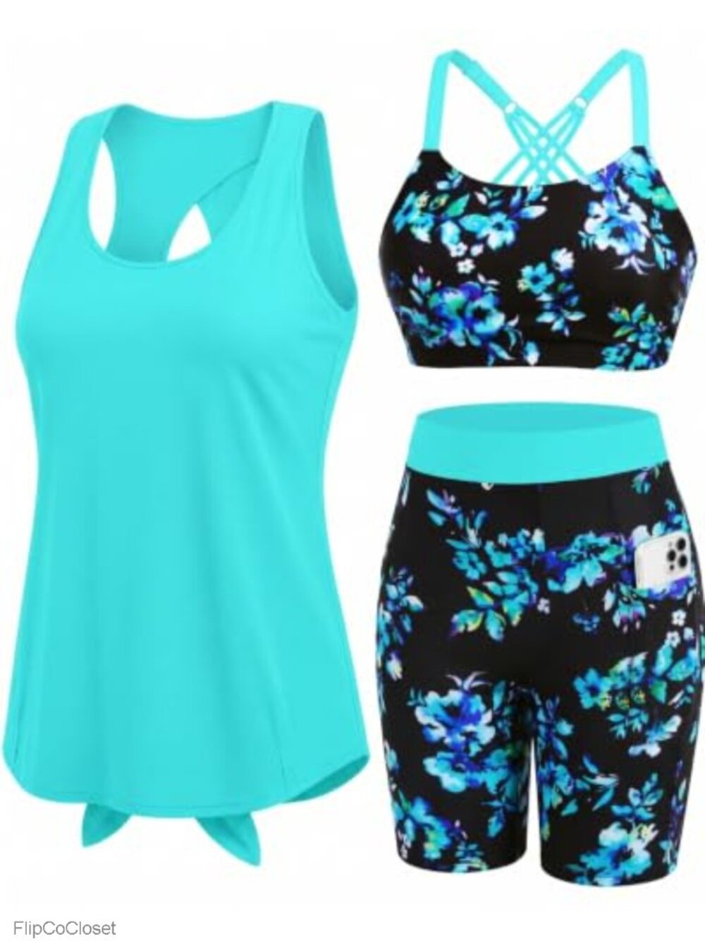 3 Piece Tankini Swim Set High Waisted Pocket Shorts Sports Bra